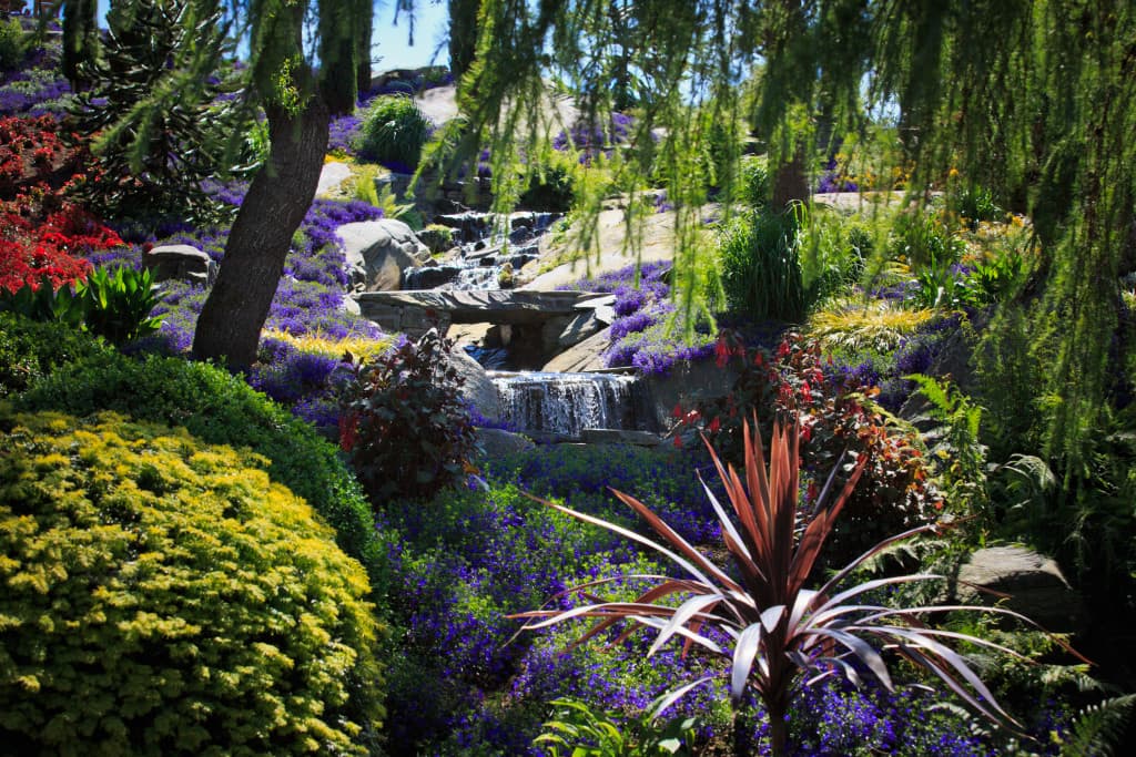 Fargerike blomster og en liten foss i den flotte parken på Sør-Hidle.