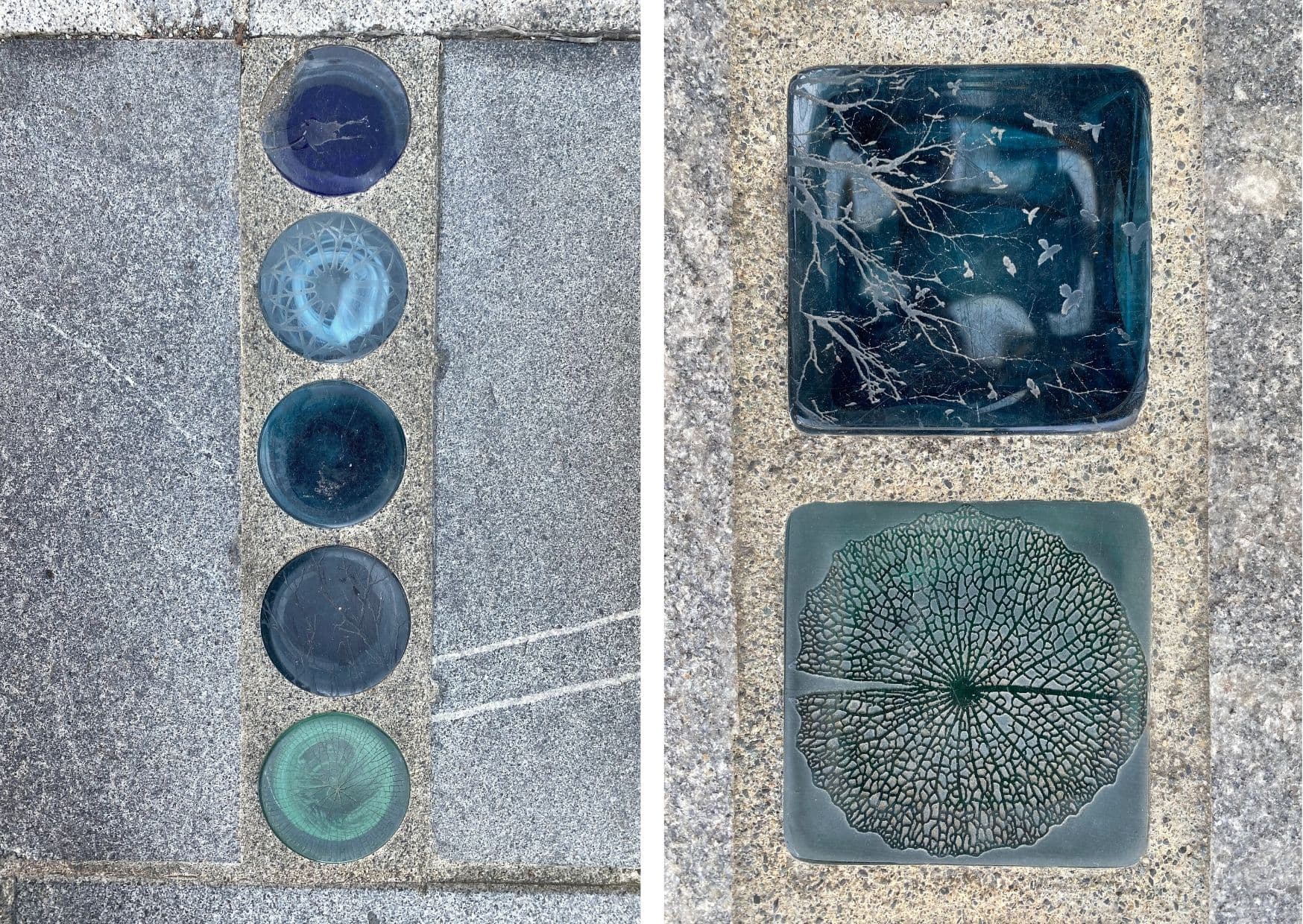 Kontur av Cathrine Maske, 2017. Glassbilder med stor detaljrikdom. Alle utført i blåtoner og med format på størrelse med brostein. Forteller om tid som har gått, mennesker som har levd, løv og trær der bare stengler står igjen.