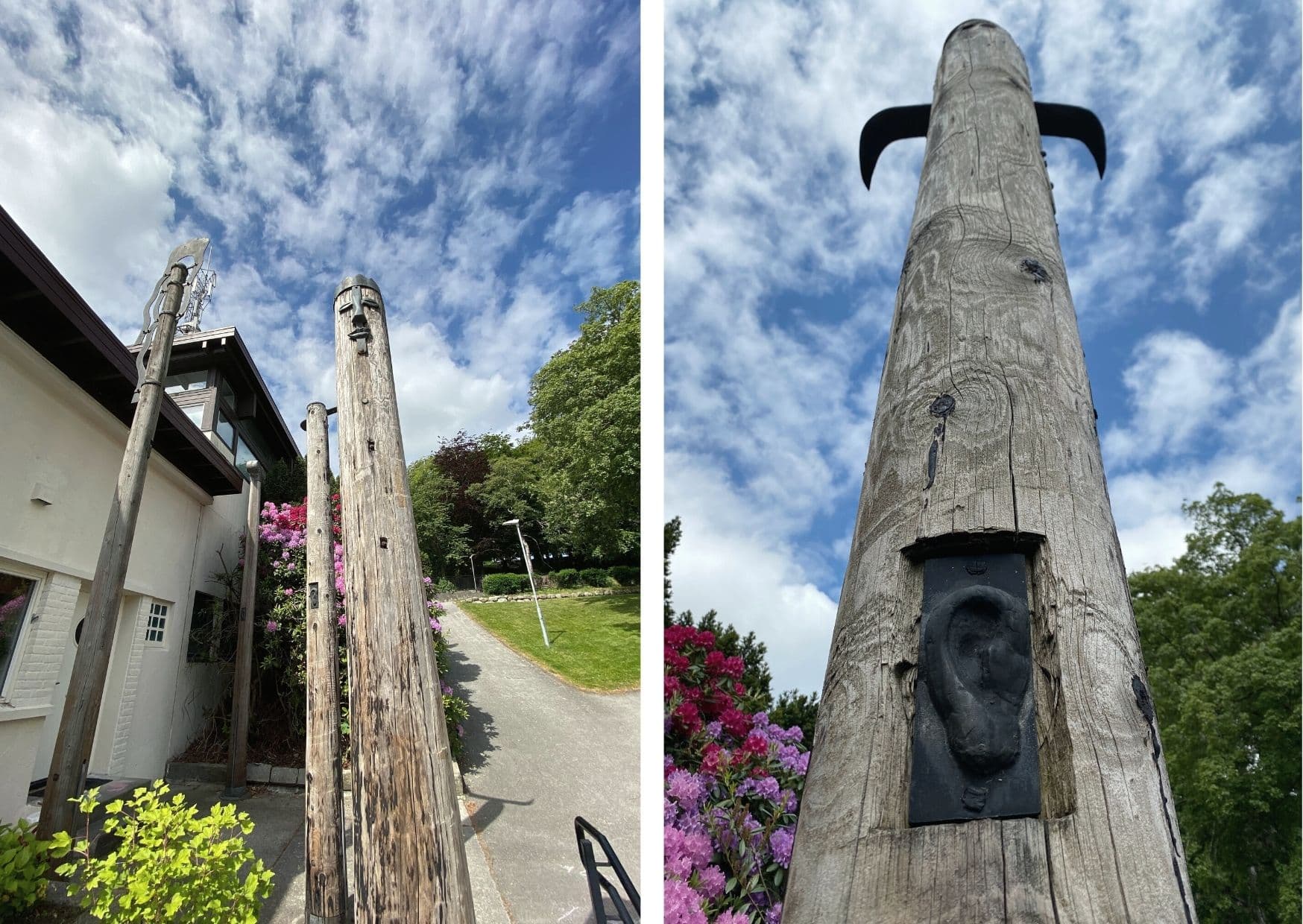 Foran det som var Sandnes Telefonforretning finner vi denne skulpturgruppen. Fire totemlignende telefonstolper er blitt snakkende, lyttende figurer med dekorativ hodepryd og innfelte munner og ører.