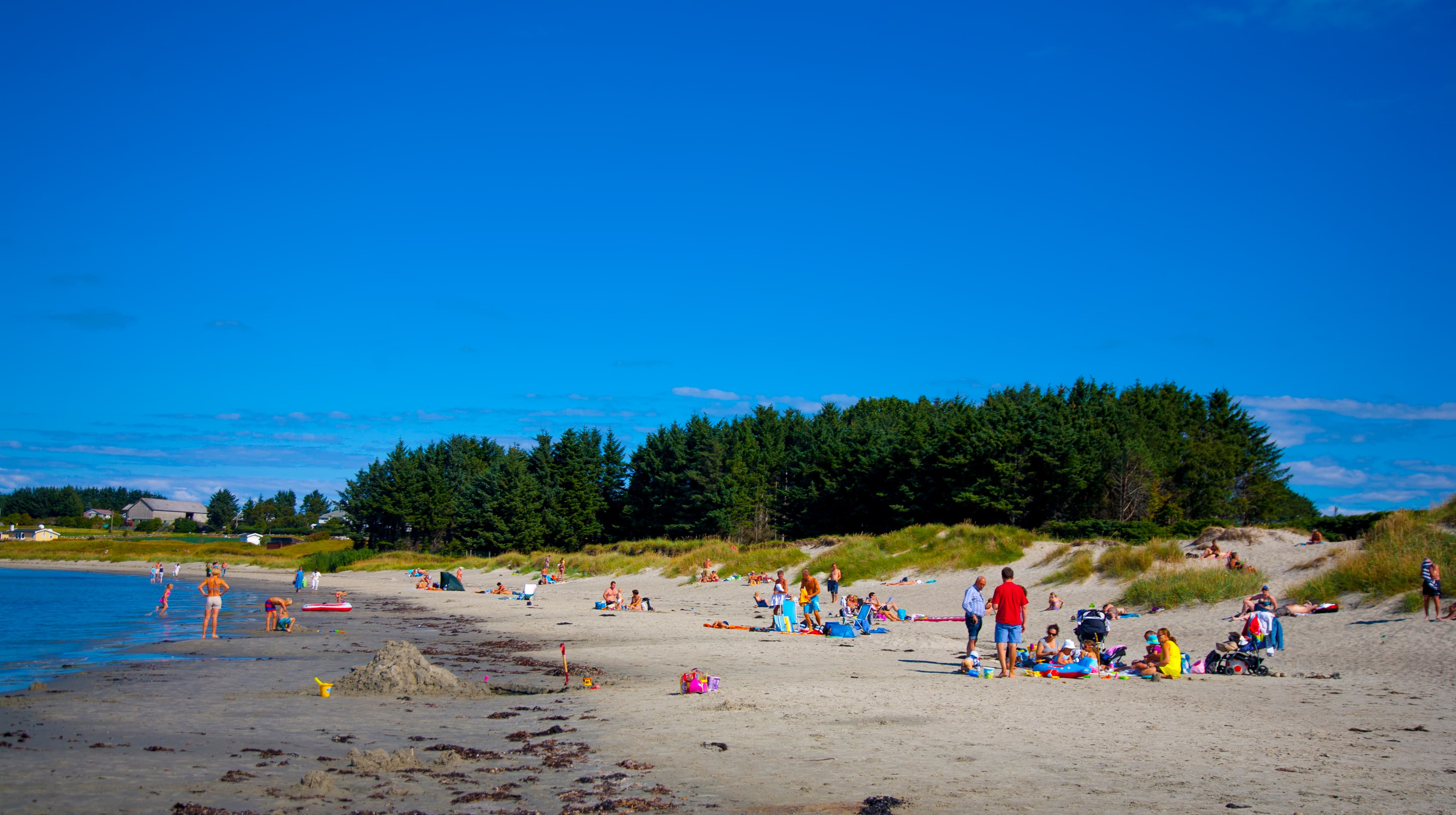 Barn og familier på en strand, de soler seg, leker og bader. Hvit sandstrand, blå himmel og grønn skog i bakgrunn.