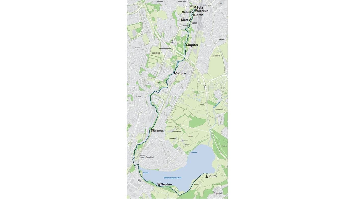 Kart over Planetstien i Sandvedparken