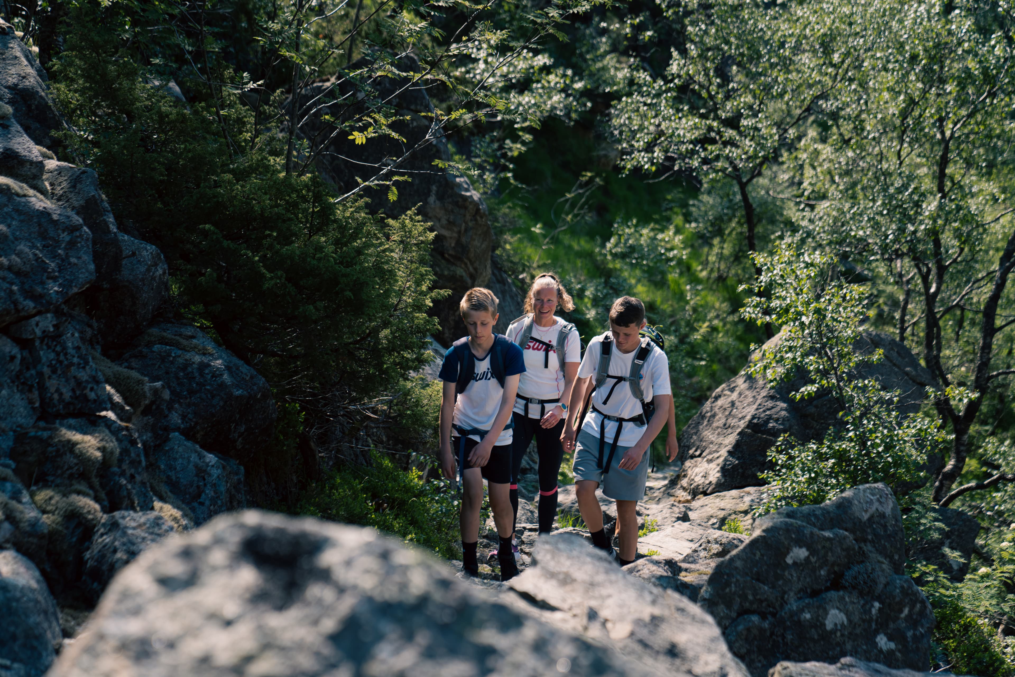 En familie går oppover på en sti med stein i skogen
