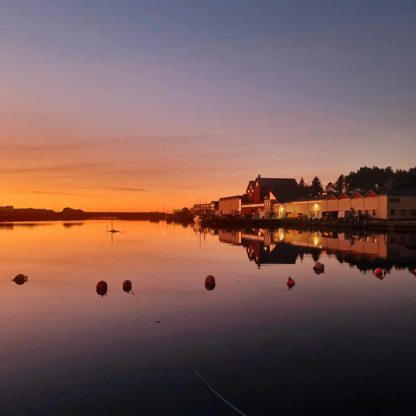 Sirevåg harbour in orange colours from the sunset