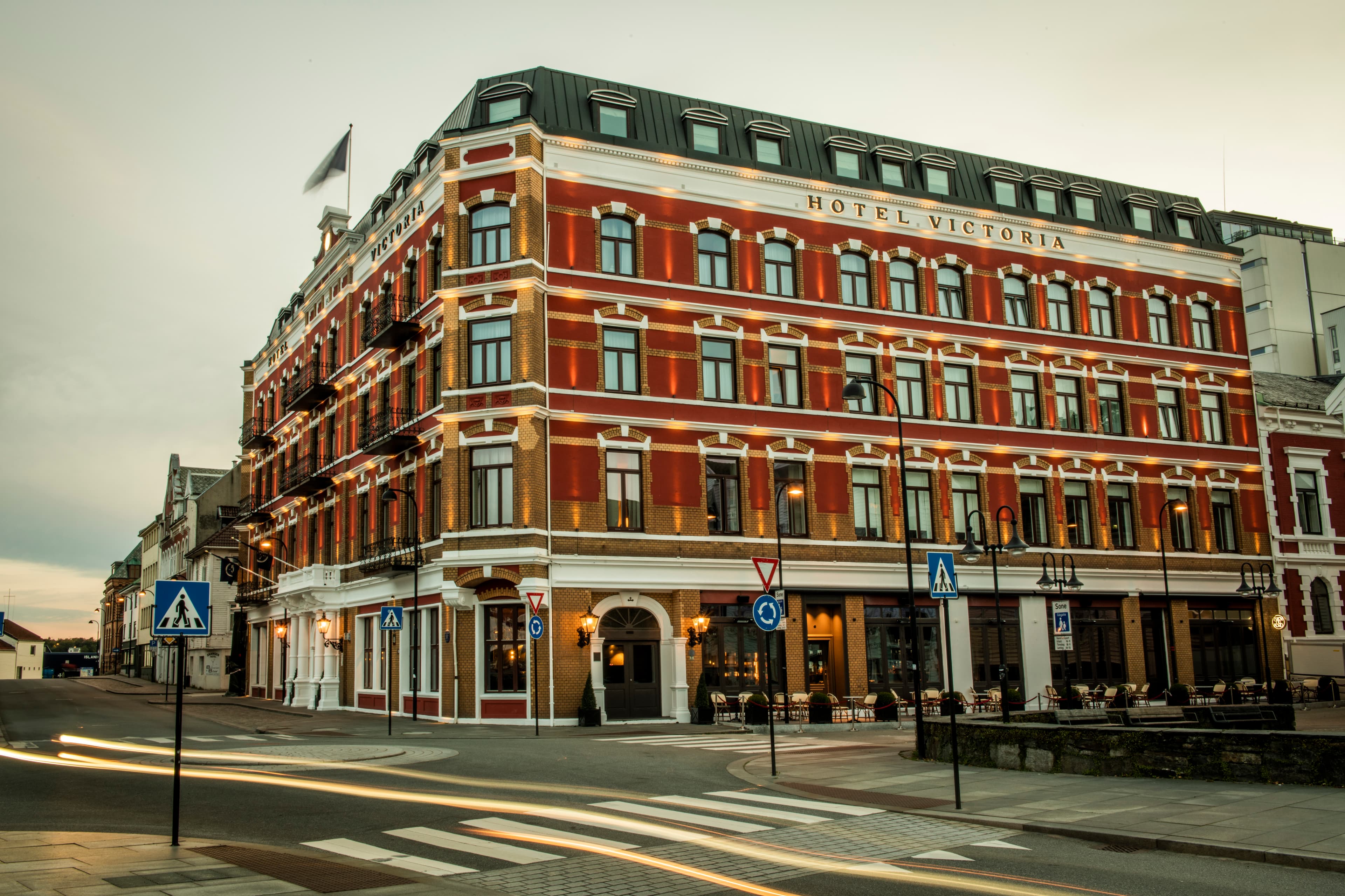 Hotel facade in red bricks at the waterfront in Stavanger