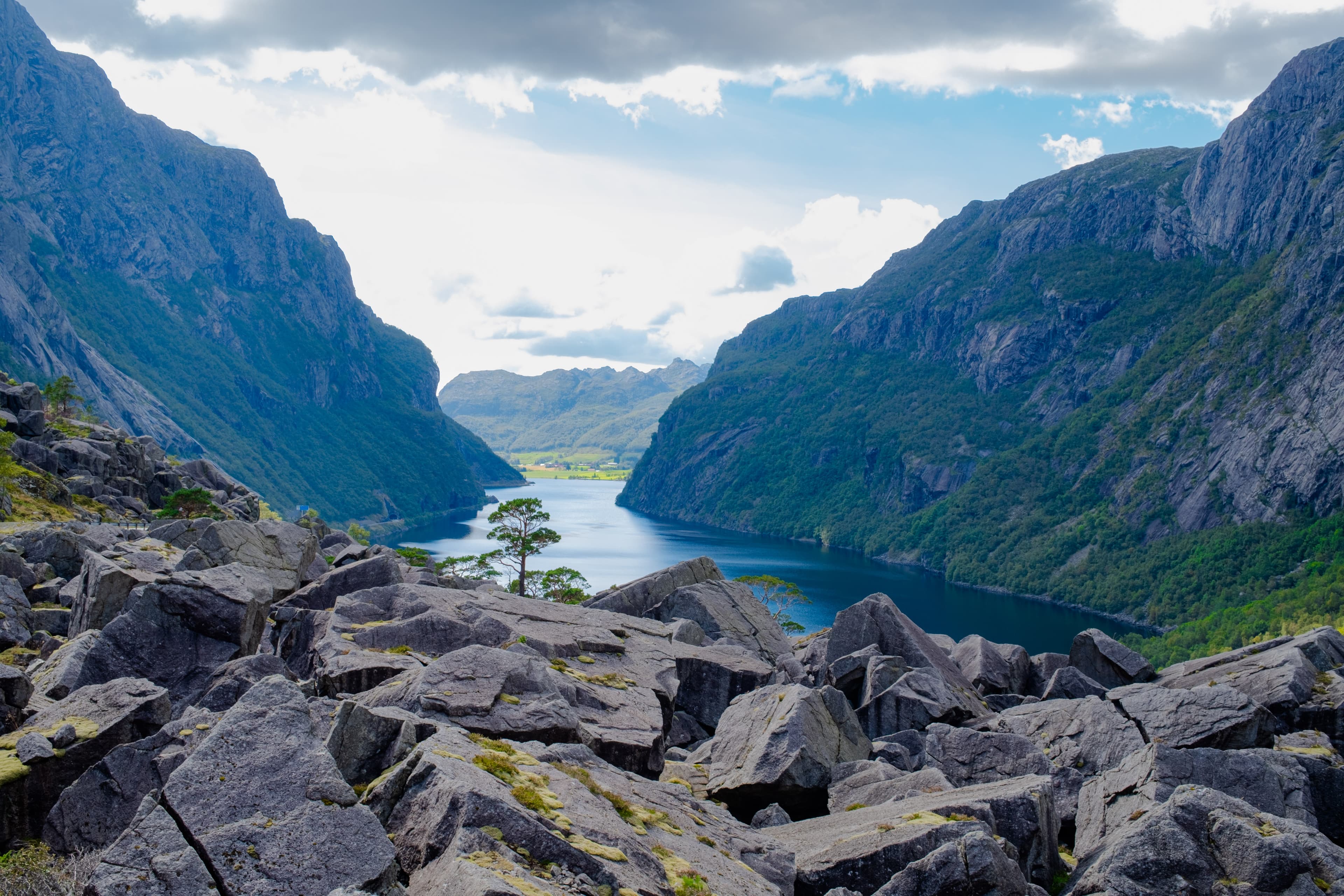 stone boulders, mountains, valley and lake