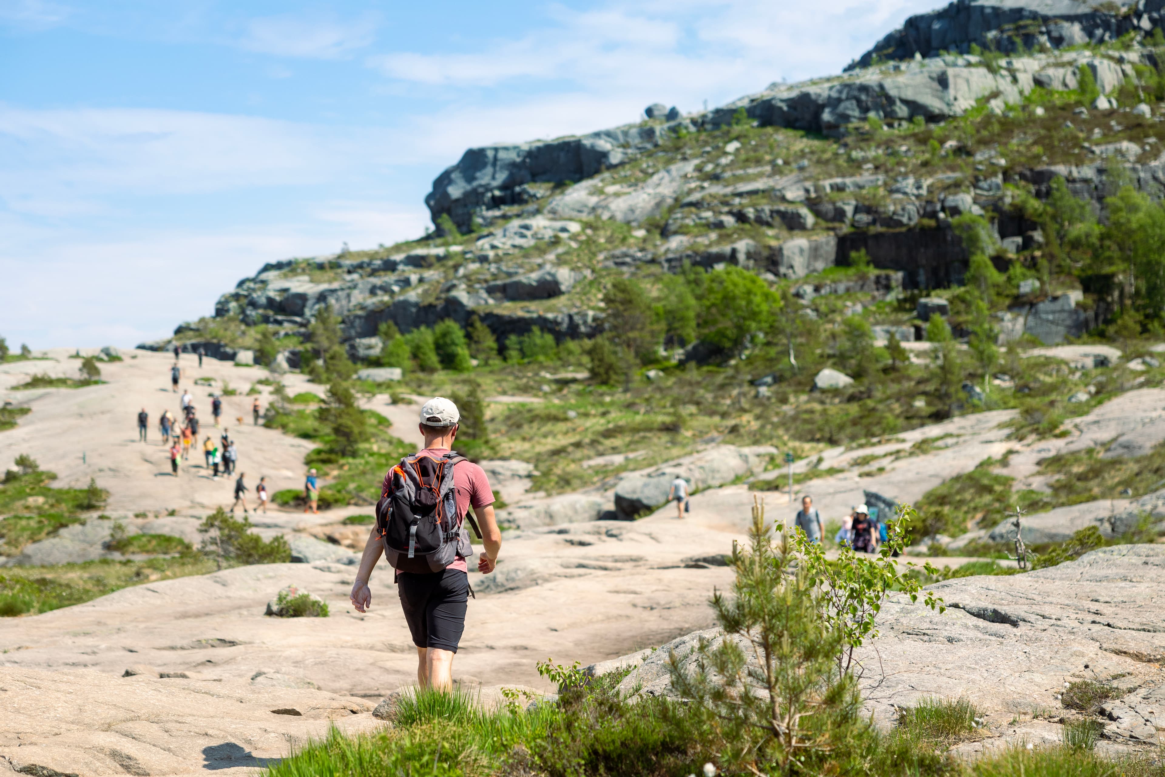 people hiking to preikestolen bus to preikestolen