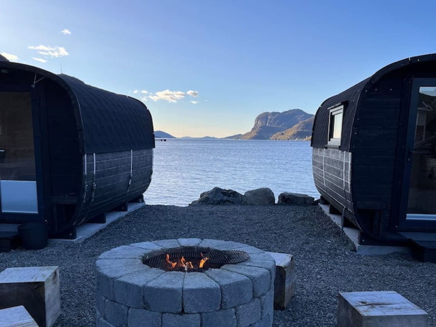 tiny house, view of fjord, cabins and facilites