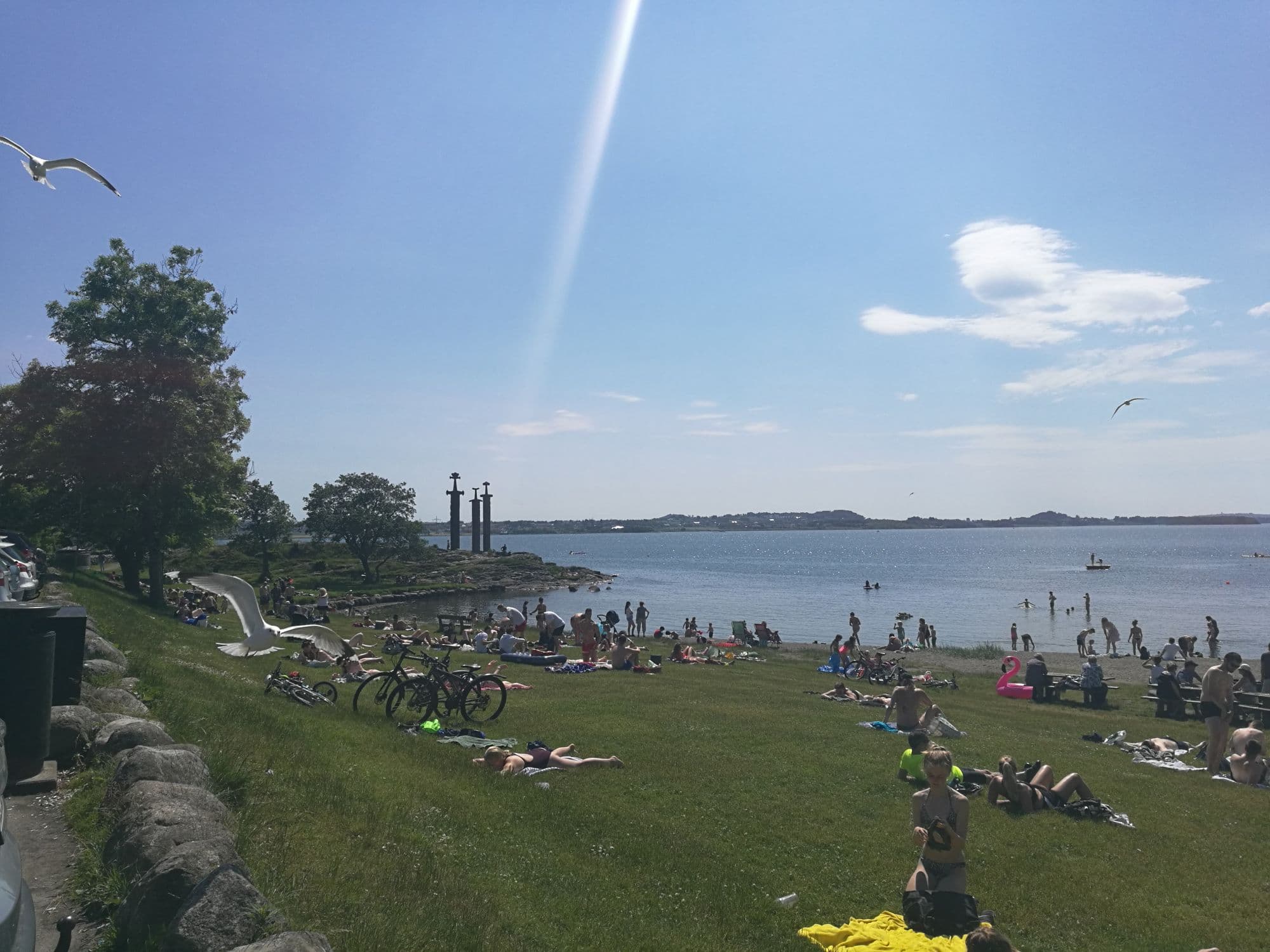 People sunbathing at Møllebukta swimming area in Stavanger, with seagulls flying overhead and the Three Swords monument in the background.