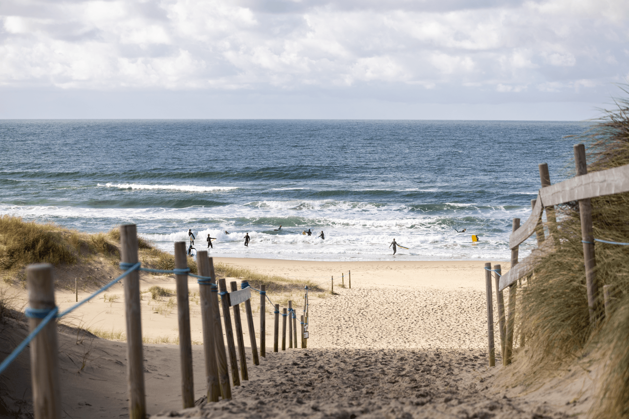sandy beach with surfers in the water