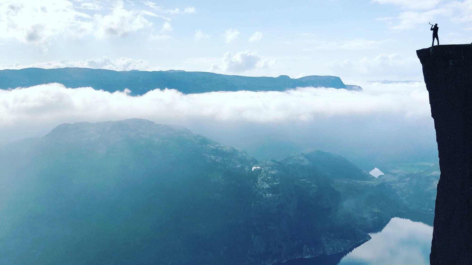 Preikestolen and fjord below with mist