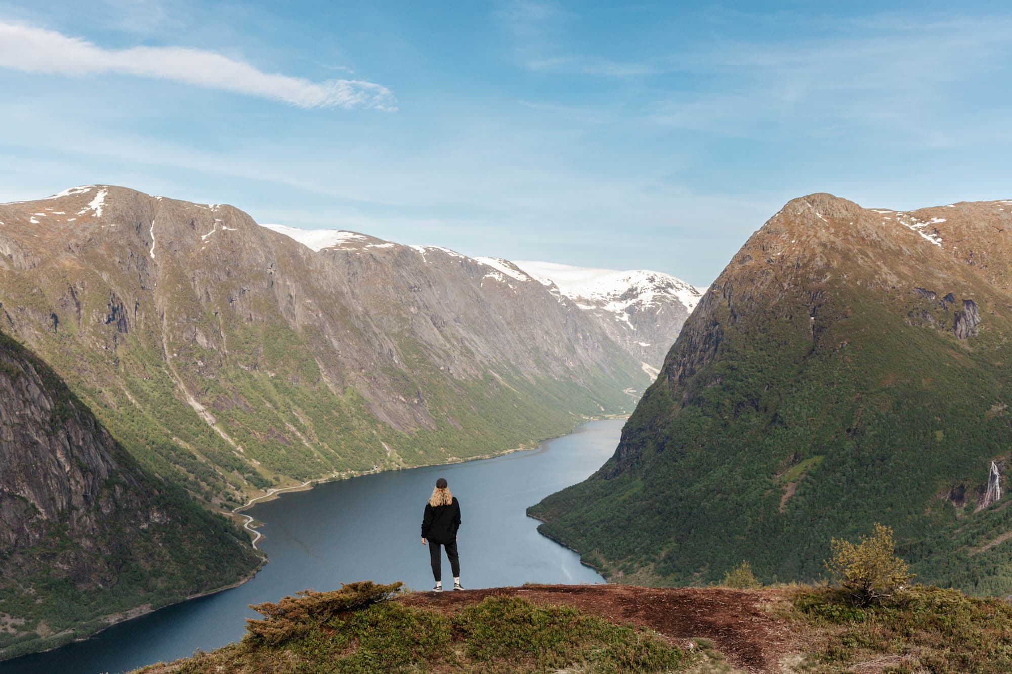 eit motiv med ein fjord og høge fjell med snøtoppar. det er grøne trer med eit hint av oransje. det er også grøne og oransje element i graset. i midten av bilde står ei jente og ser utover utsikten