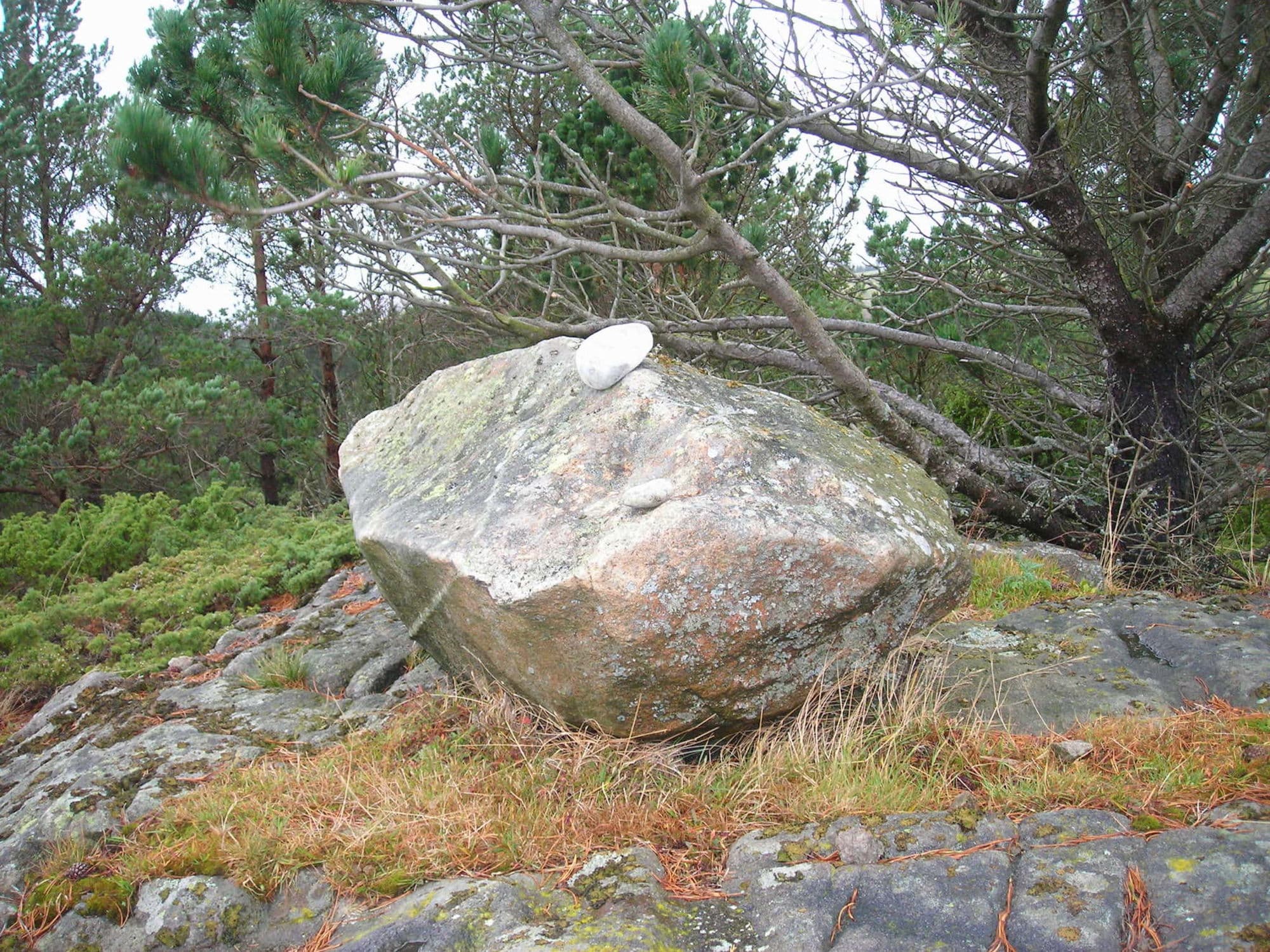 Stone with small stone on top, trees surrounding it. Autumn colours