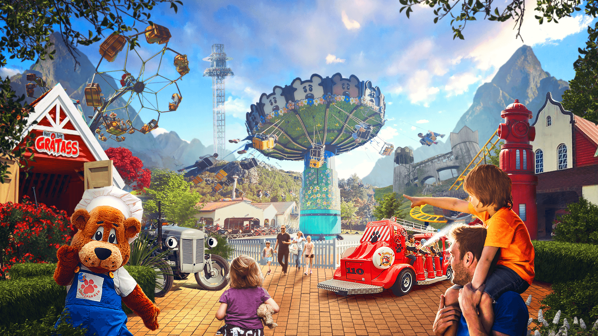 Kongeparken family and amusement park, families having fun on rides etc